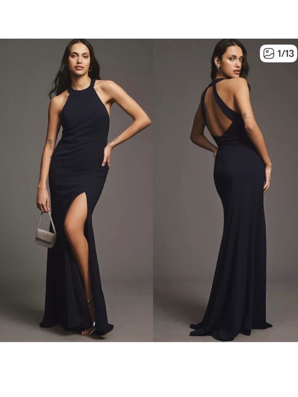 BHLDN Anthropologie SEREPHINA LENOX HALTER OPEN BACK SIDE SLIT STRETCH GOWN